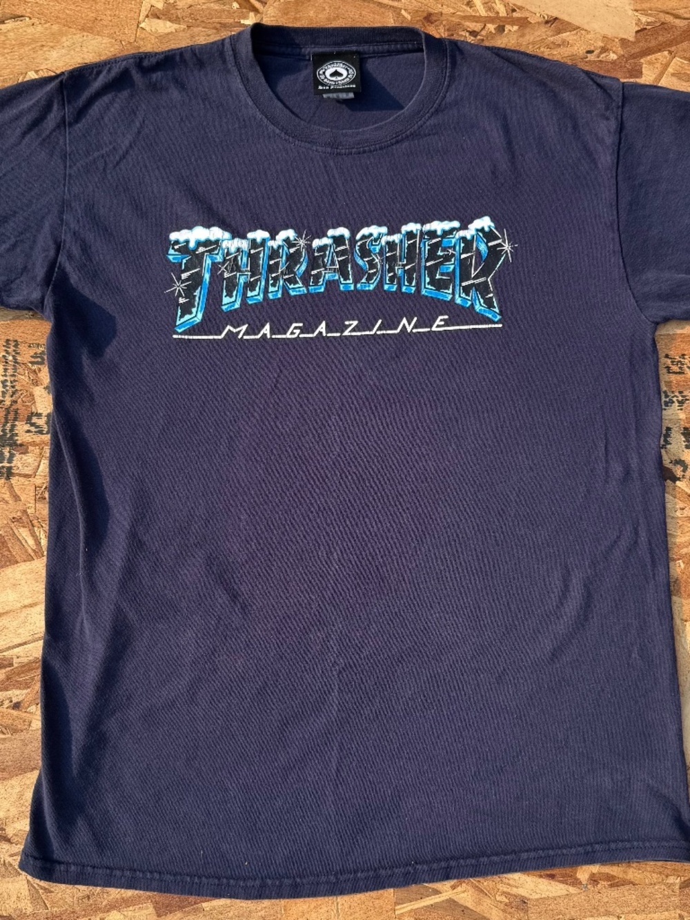 Thrasher Magazine Shirt Medium Blue Snow Black Ice Spellout Short Sleeve